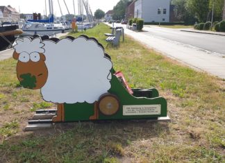 Schaf scheuert Schiete weg Reinigungsmaschine in Schafs-Optik