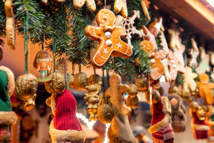 Christmas decorations at Christmas market stall in Berlin German