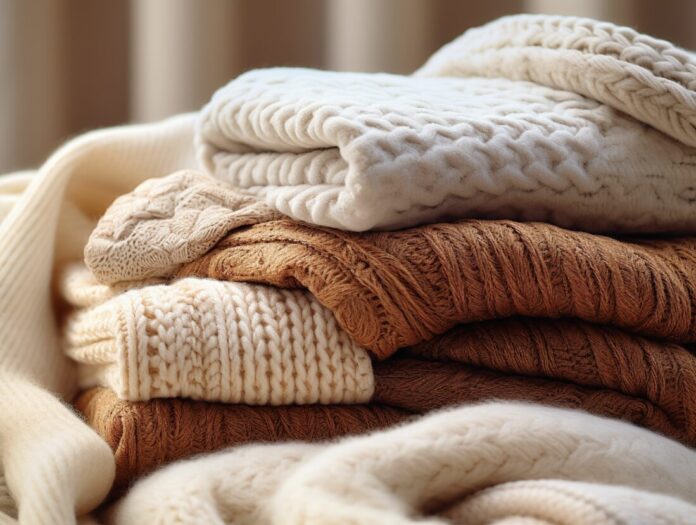 Natural wool and woolen fabric, closeup of wool products, home textile advertising design